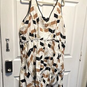 Geometric Patterned Dress in Black, White, and Tan. Lane Bryant.